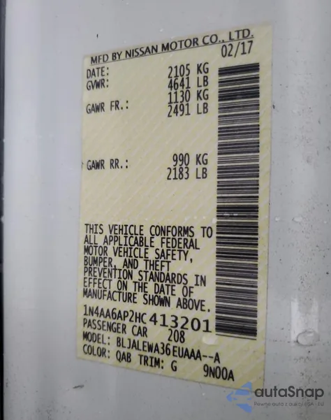 2017 Nissan Maxima 3.5S из США, поврежденный, VIN 1N4AA6AP2HC413201